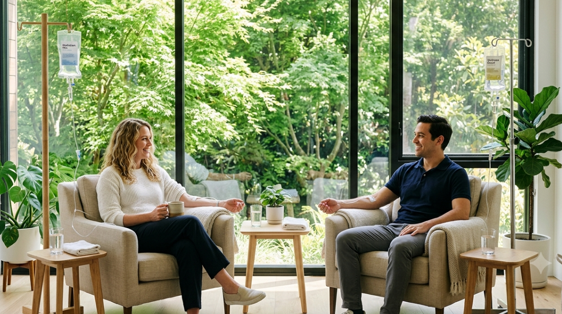 Two patients relaxing in lounge chairs receiving IV therapy in a bright, plant-filled room
