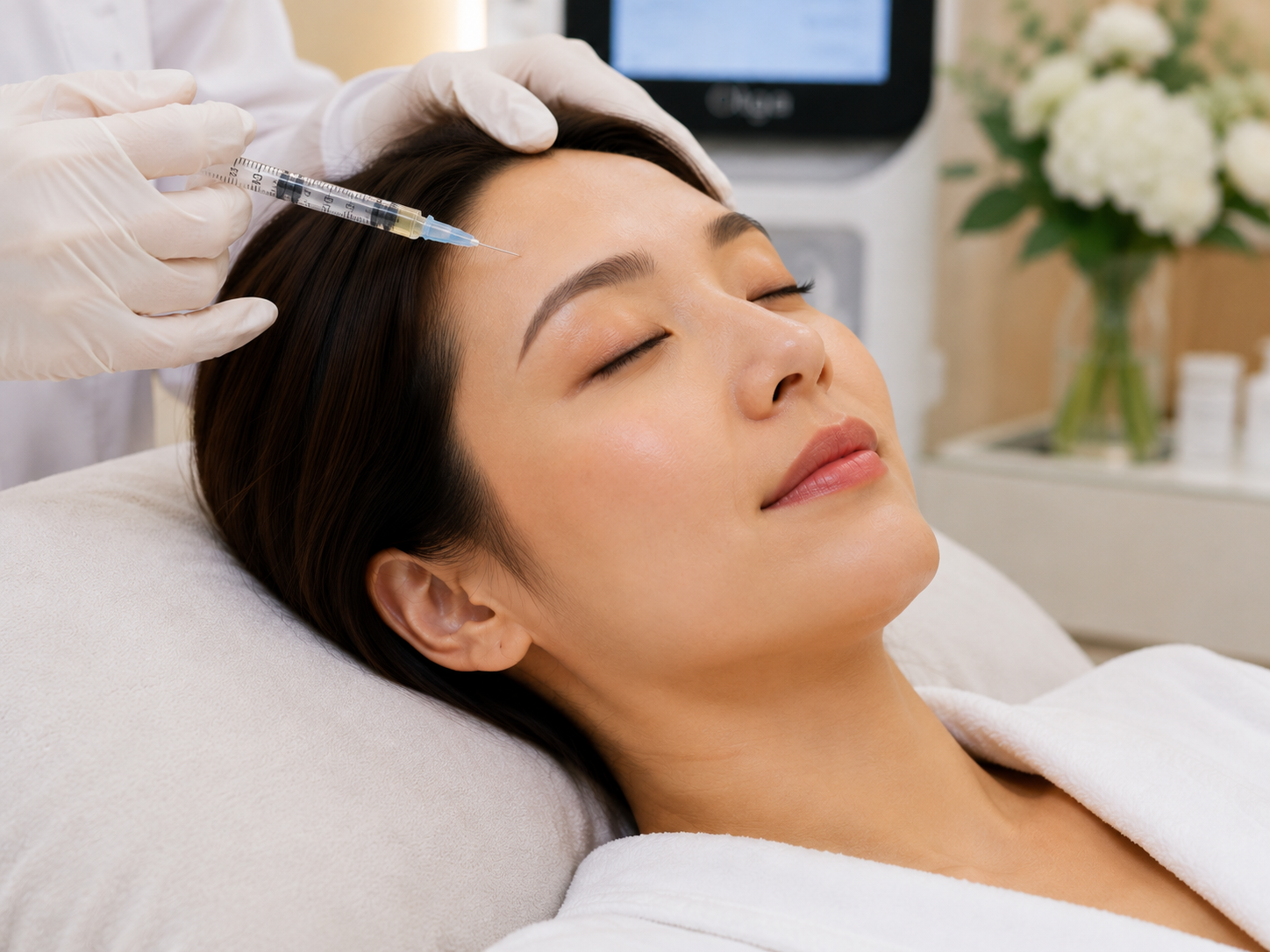 Woman receiving facial cosmetic injection in clinic