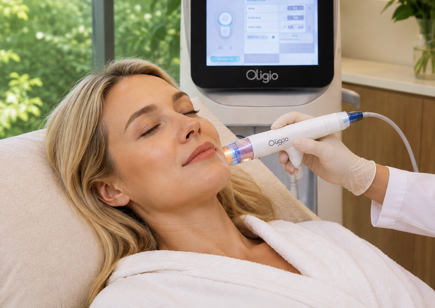 Woman receiving laser tightening device treatment on face